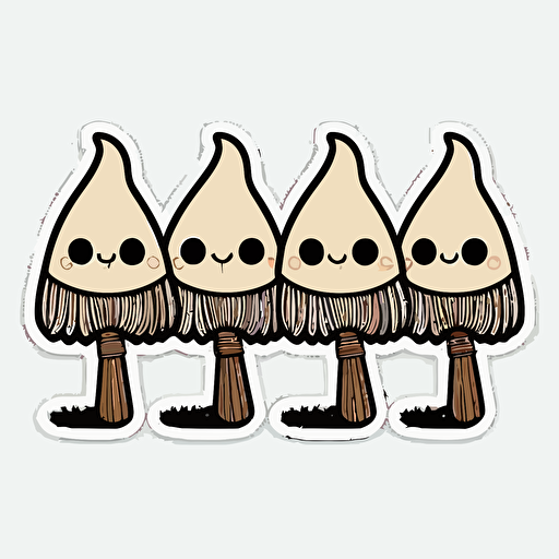 Witch brooms in a line, Sticker, Adorable, Dark, Anime, Contour, Vector, White Background, Detailed