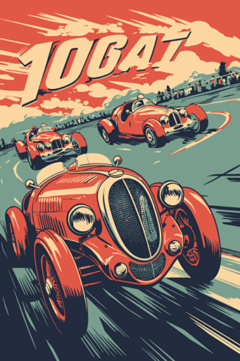 1940's car racing sport event in cartoon vector style,