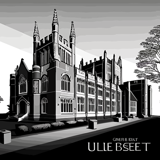 a line drawing of Queen's University Belfast, vector style, simple, black and white