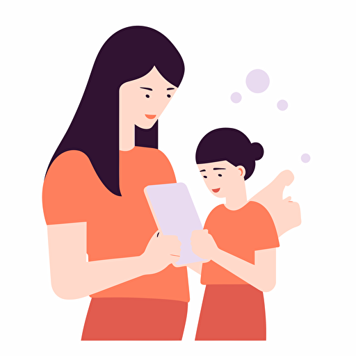 parent and child interacting with ipad, minimal coloful vector illustration png