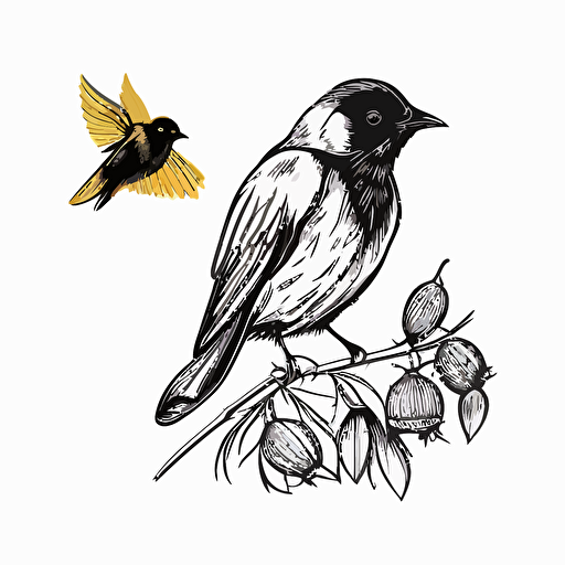 vector line drawing, minimalistic outline logo of bumble bee and black raven bird