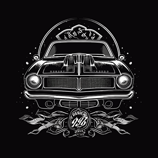a band logo with drag cars, white on black, clean vector
