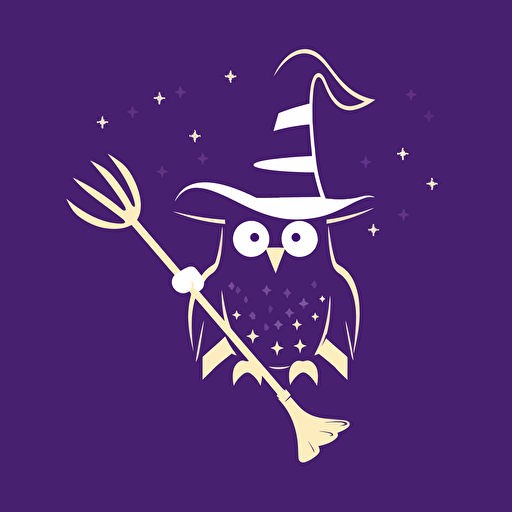 owl wizard, wizard hat, flying, playful, holding magic wand, dribbble, flat, vector duotone silhouette logo, purple, simple