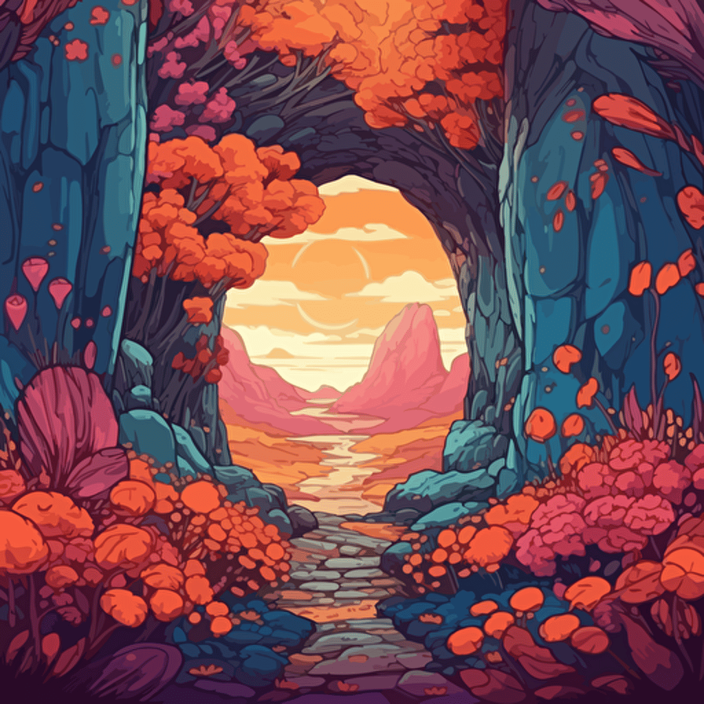 cozy fantasy portal in bright daytime, close up, looking out to other surreal dimension with colorful flowers, trees, cliffs, creatures. Vector illustration. 2D hand drawn cartoon animation style. — ar 16:9