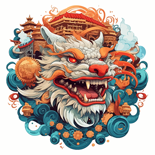 round up design with digital illustration of okinawa shisa, magic world inspired by Studio Ghibli, vector illustration, intricate details, unreal engine, extremely high detailing, sharp, white background