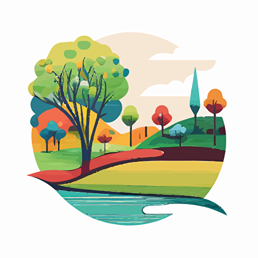 A minimalist vector logo of a landscape with trees, rivers, fields in playful colors