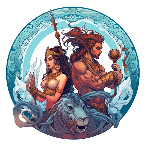 round up design with digital illustration of shiva and parvati, magic world inspired by Studio Ghibli, vector illustration, intricate details, unreal engine, extremely high detailing, sharp, white background