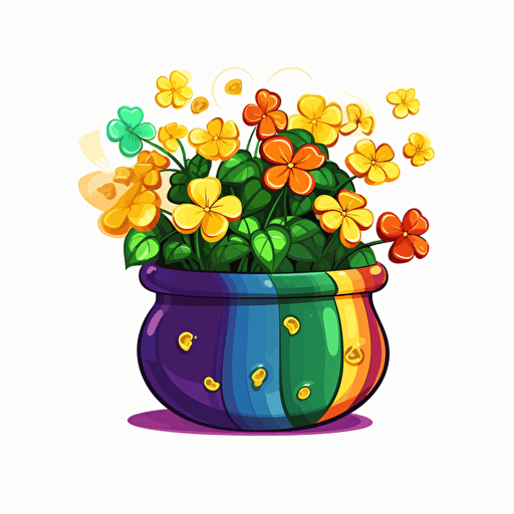 pot of gold, rainbow, flowers, detailed, cartoon style, 2d clipart vector, creative and imaginative, hd, white background