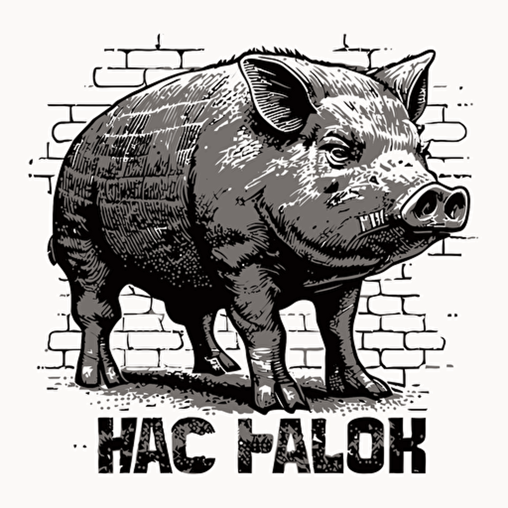 draw black and white detailed vectorized sketch of a hog holding a brick and wearing a hard had with an annoyed expression