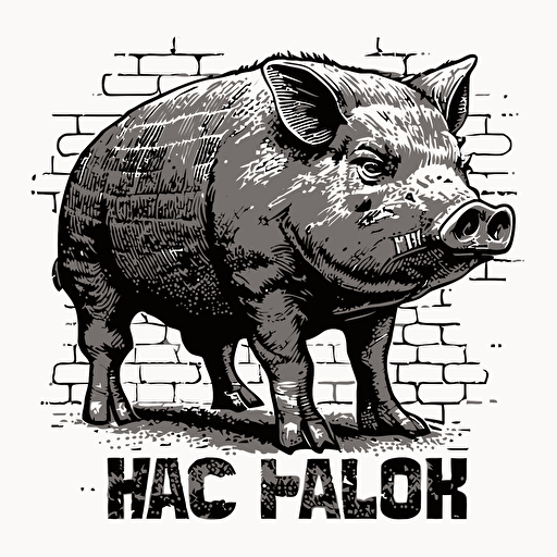 draw black and white detailed vectorized sketch of a hog holding a brick and wearing a hard had with an annoyed expression