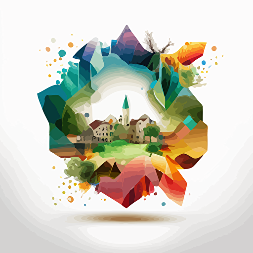 a transparent geometric shape exploding with a small town inside. Nature is represented. Vector styling. Very colored. white background without shadow.