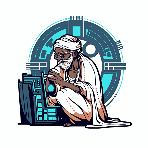 A ancient Indian Philosopher thinking pose watching a computer connected to an AI machine, futuristic, ronded vector logo, white background