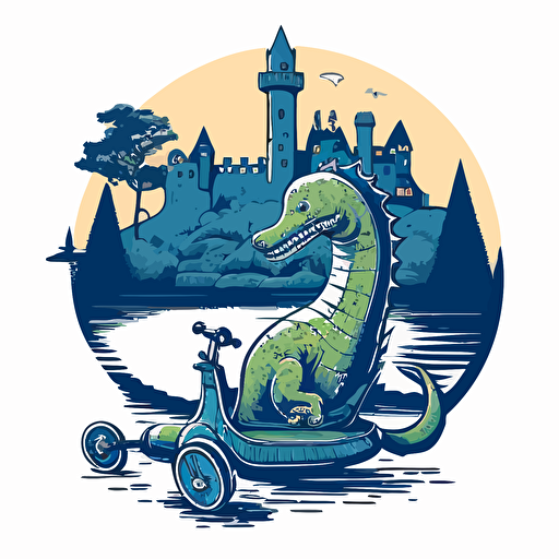 loch ness monster in bad part of the city riding a tricycle, vector logo, vector art, emblem, simple cartoon, 2d, no text, white background