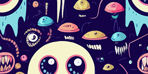 a cartoon vector style illustration of an alien monster with lots of eyes, colourful, fun, punk goth style, grainy texture