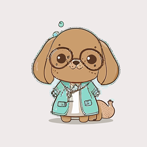 kawaii perro vestido como un doctor, 2d, flat, vector style, contour, white background.
