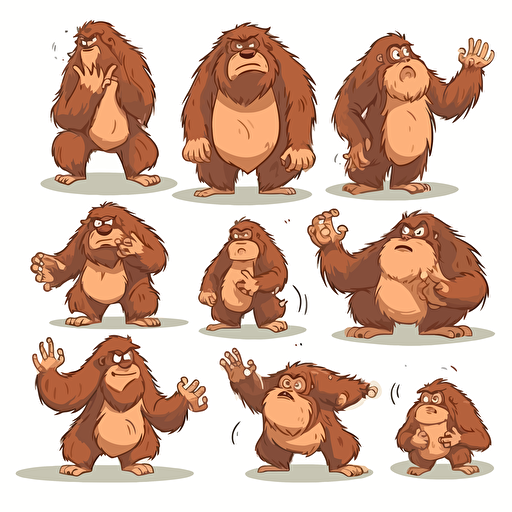 Cute Bigfoot , vector style, multiple poses and expressions, white background