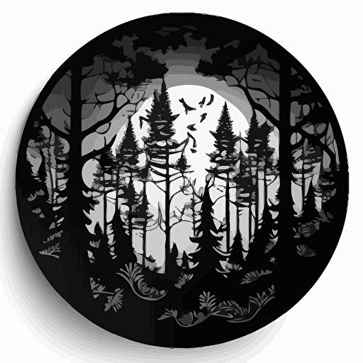 laser cut forest, monotone, single layer, no shadows, #000000, 70mm diameter perfect circle, black outer border, vector art