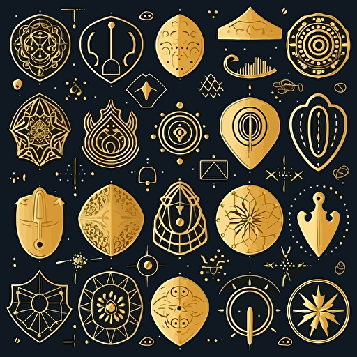 gold color spirtual symbols of protection, 2d minimalist, pattern print, vector art,