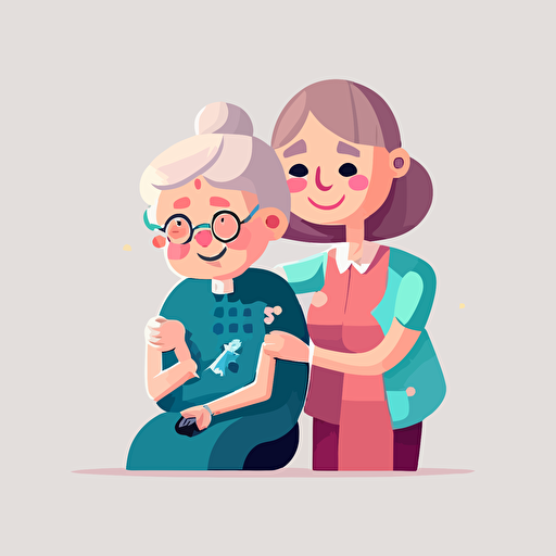 granny getting needle in arm by a doctor, smiling, 2d, flat vector illustration, white background