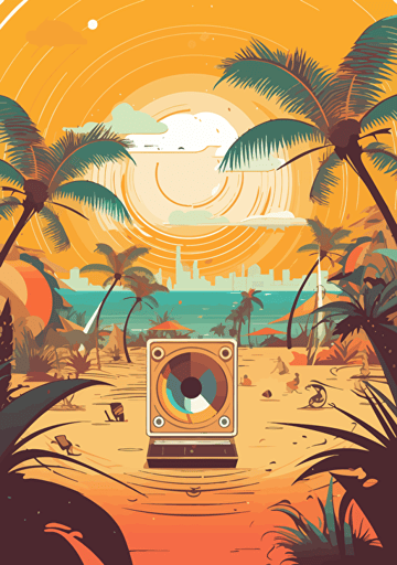 a beach volleyball on the sand of the beach with a big Soundsystem under palm trees behind, colorful, manga style, vectorization, music festival