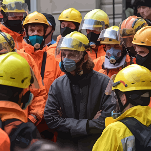 french president Macron dressed with a fluo work suit yellow jacket and a worksite helmet, among a mad crowd of protestor, journalistic photo, real life protest, people are actively moving