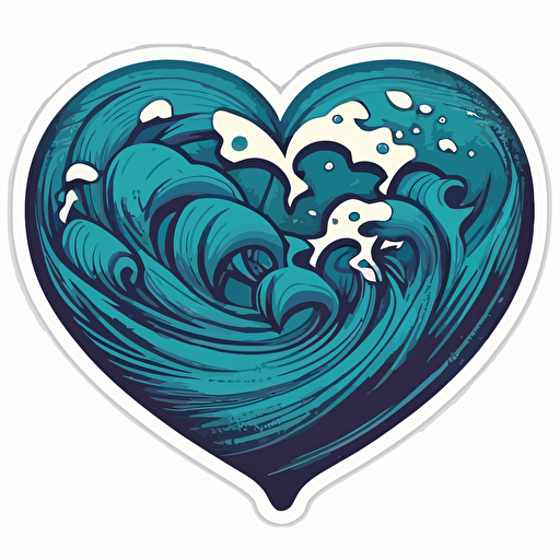 drawed blue heart surrounded by water waves pixar style, 2d flat design, vector, cut sticker