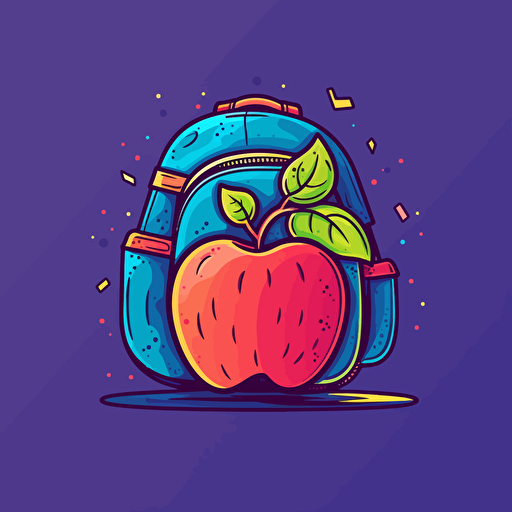 an illustration of an apple next to a backpack, stylized, vector art style, back to school style, happy colors