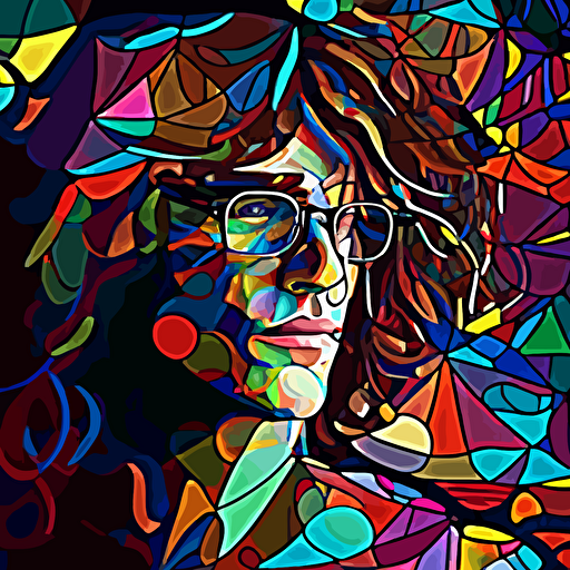 vector, longer than shoulder legnth shaggy wavy hair, wearing glasses, colorful stained glass background