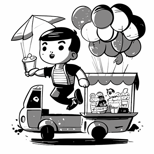 Black and white vector illustration of little boy flying over fruit vendor cart
