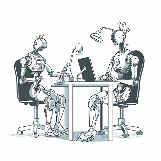 a friendly robot and a human working next to each other on their computers, white background, in the style of vector art,