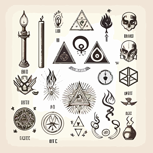 mystical alchemy symbols, hand drawn vector, white background, minimalist