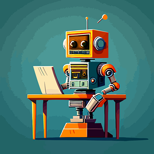 Robotic teacher front of table, vector style