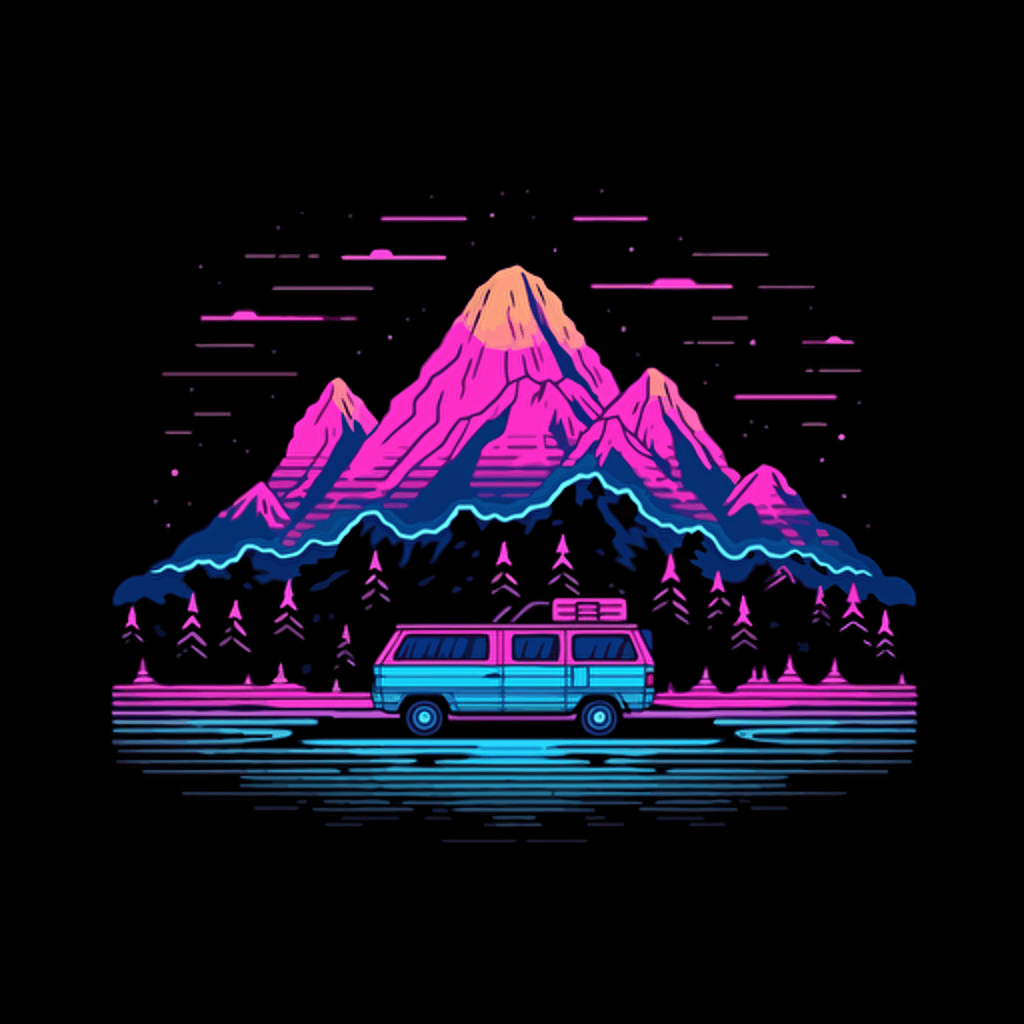 mountain lake shuttle logo, flat image, pixel art Neon, pink blue white and black, vector simple, fun, creativity, playfulness, high quality