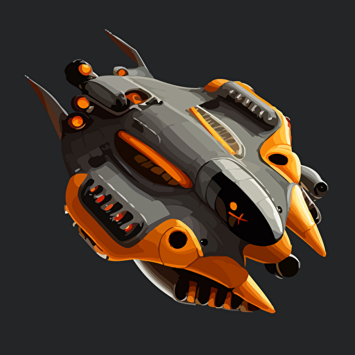 futuristic space ship, top down, orange and grey, black background, minimalistic, vector