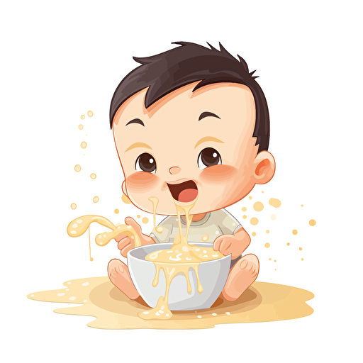 A baby is eating porridge with a happy expression and motion, no background,vector shapes,vectorart