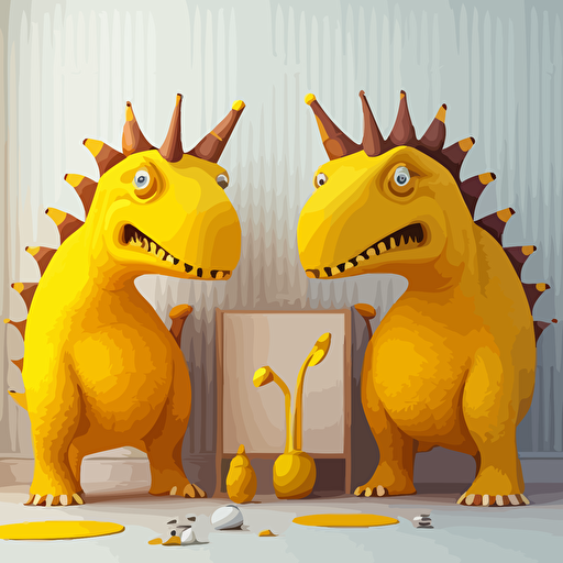 two male cartoon yellow dinosaurs, funny, smiling, standing in a girls bedroom, ar 2:3, vector