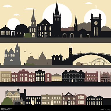 Flat 2d vector-style silhouettes of landmarks in Wellingborough UK, such as Swanspool house, the railway sheds, pork pie church, all saints church, the fourteen arches viaduct, wellingborough war memorial, our lady church, all landmarks to be flat and side by side on a horizon line