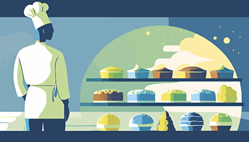 flat modern style illustration, baker silhouette with positive calm colors blue and yellow and green, calm view on background, 2d vector
