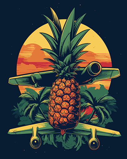 ananas aeroplane, retro aesthetics, vector image, sticker design, pantone color scheme: 12-1706 TCX, 12-0824 TCX, 15-0146 TCX, 15-1164 TCX, 16-6340 TCX, 17-4247 TCX, 18-2043 TCX, 19-6026 TCX. The final piece should exude a warm, holiday-like ambiance.