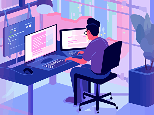 In the office of an internet company, a male software engineer is writing new code to improve the company's products and services,vector ,2d illustrator,
