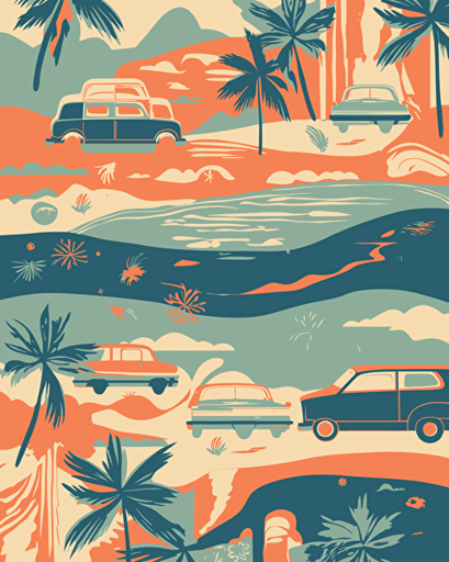 vacation vibes motif, retro aesthetics, classic patterns, vector image, sticker design, pantone color scheme: 12-1706 TCX, 12-0824 TCX, 15-0146 TCX, 15-1164 TCX, 16-6340 TCX, 17-4247 TCX, 18-2043 TCX, 19-6026 TCX. The final piece should exude a warm, holiday-like ambiance.