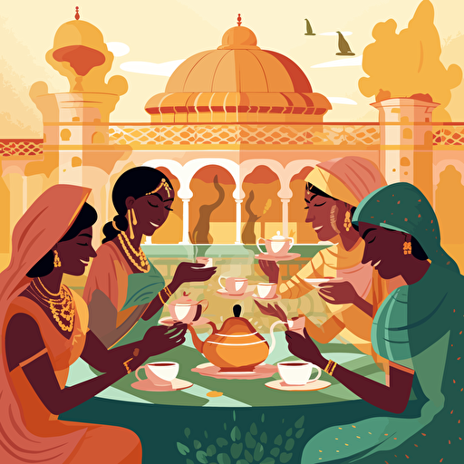 Flat Vector Illustration of Indian Tea Party in a Parisian Table setting, Style of Malika Favre. Use only 3 Colours. Strong Light and Shadow. Style of Maite Franchi