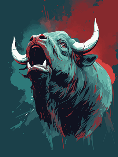 vector art of a Cape buffalo roaring, red, white and turquoise lighting, 300 dpi,
