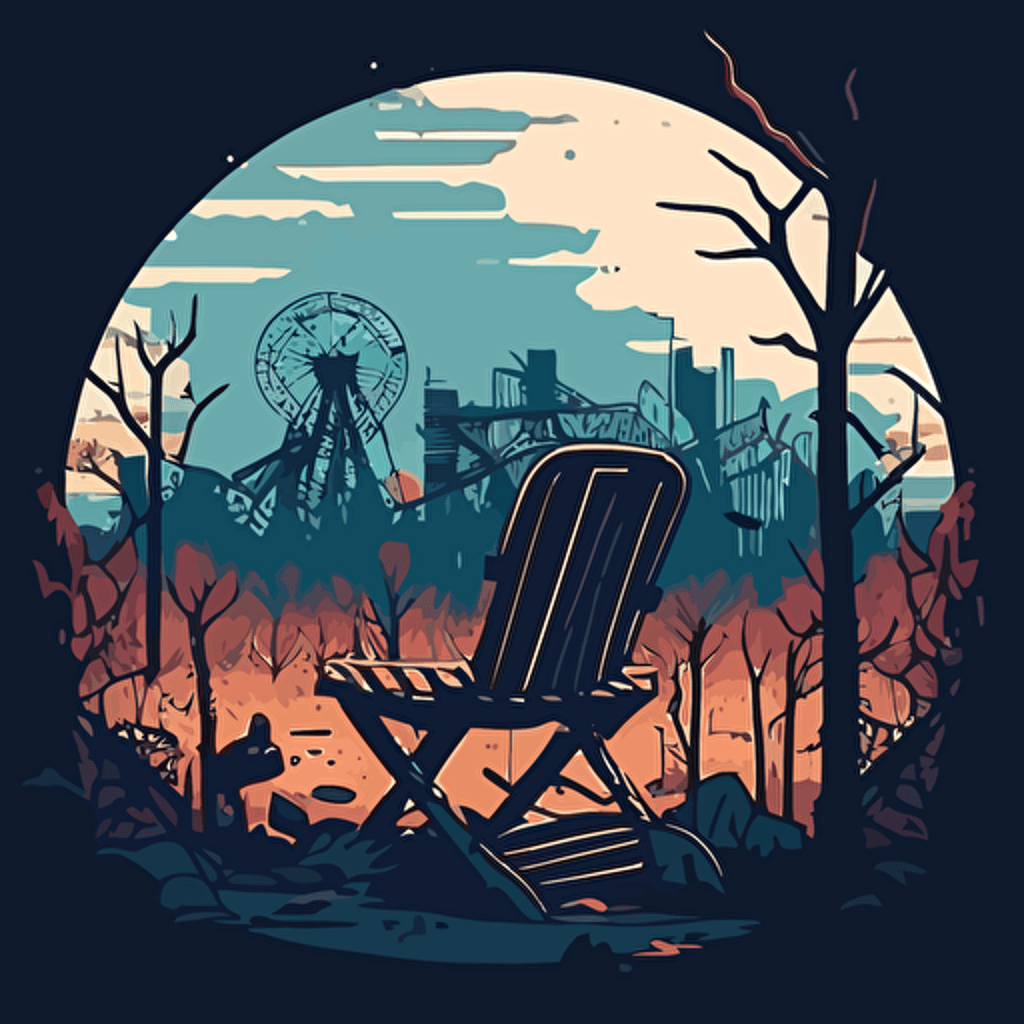 a view of a abandoned city in the background, set from vacant woods in the foreground with a chair facing the foreground, shrubs, trees, dead roses, clouds, broken carnival rides in the distance illustration, drawing, flat illustration, vector style