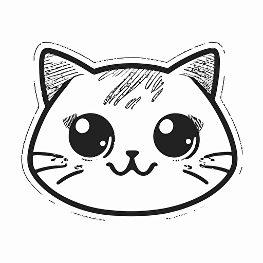 sticker, cute happy cat face with big hazel eyes, kawaii, contour, vector, white background