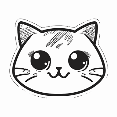 sticker, cute happy cat face with big hazel eyes, kawaii, contour, vector, white background