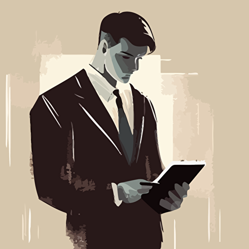 2d vector art, man using a suit holding a tablet and looking at it