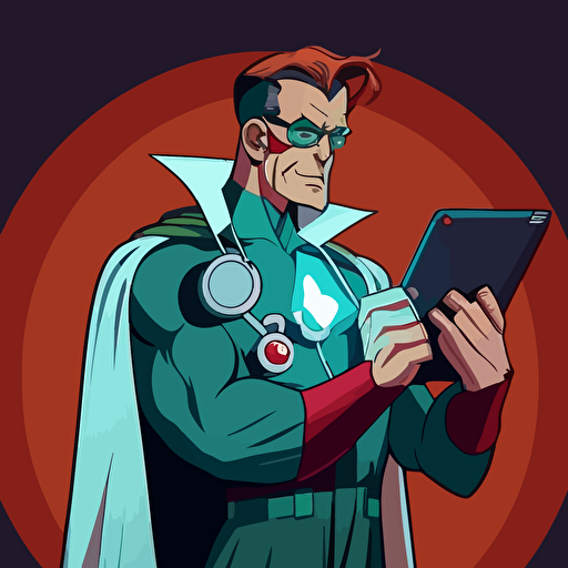 2d vector art, marvel style, doctor holding a tablet and looking at it