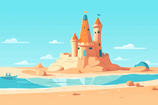 Lonely sand castle on sandy beach with blue sea ocean water and coast line clear summer sunny sky in background. Kid toys left on sand on holiday. Minimalist cartoon style flat vector illustration.