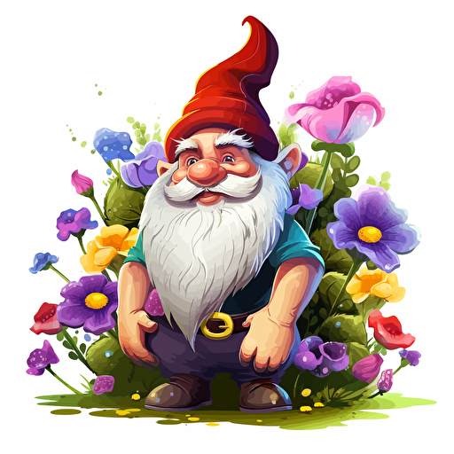 gnome, flowers, detailed, cartoon style, 2d clipart vector, creative and imaginative, hd, white background